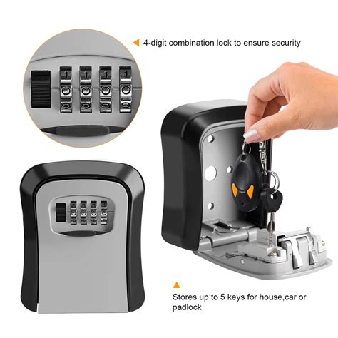 hide-a-key metal 4 combination lock box wall mount|wall mountable key push button.